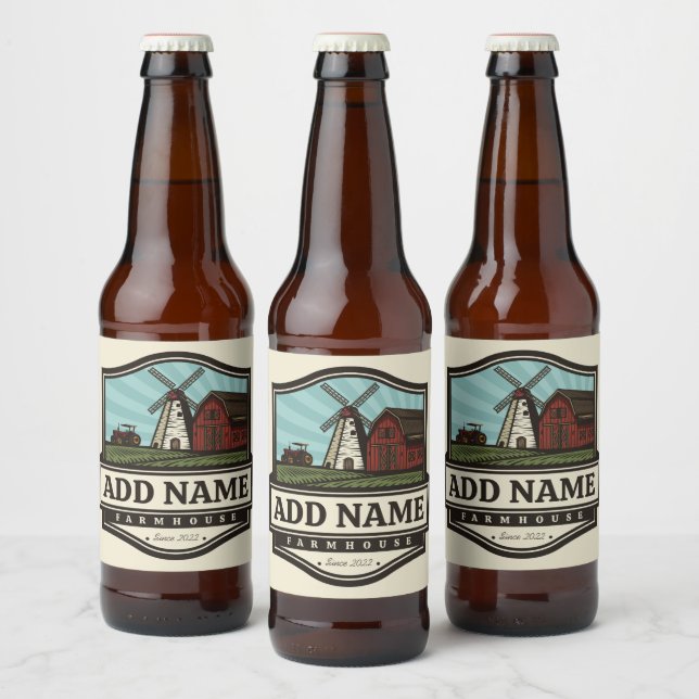 Personalized NAME Rustic Farmhouse Old Windmill  Beer Bottle Label (Bottles)