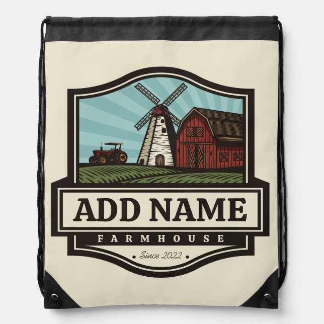 Personalized NAME Rustic Farmhouse Old Windmill Drawstring Bag (Front)