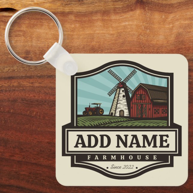 Personalized NAME Rustic Farmhouse Old Windmill Keychain (Front)