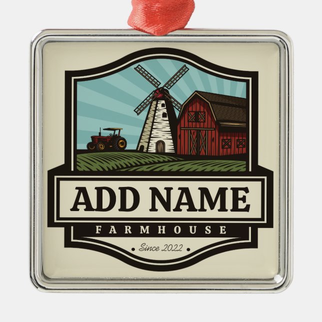 Personalized NAME Rustic Farmhouse Old Windmill  Metal Ornament (Front)