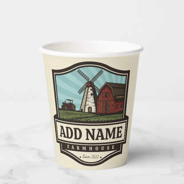 Personalized NAME Rustic Farmhouse Old Windmill Paper Cups | Zazzle