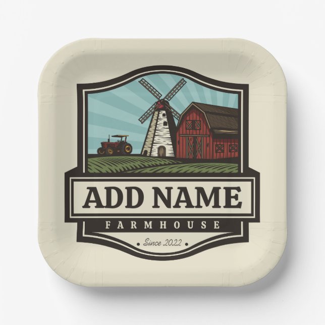 Personalized NAME Rustic Farmhouse Old Windmill Paper Plates (Front)