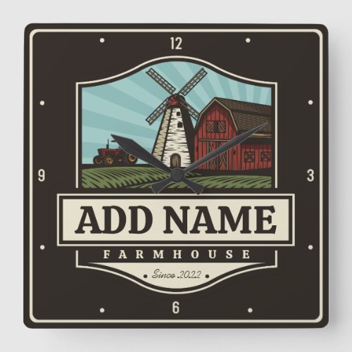 Personalized NAME Rustic Farmhouse Old Windmill  Square Wall Clock
