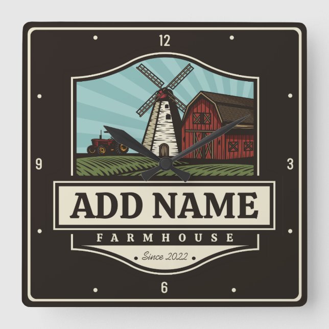 Personalized NAME Rustic Farmhouse Old Windmill  Square Wall Clock (Front)
