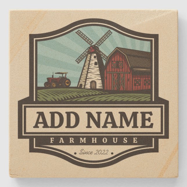 Personalized NAME Rustic Farmhouse Old Windmill  Stone Coaster (Front)