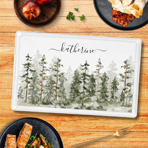 Personalized Name Rustic Green Pine Forest Pinery Acrylic Tray