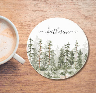 Personalized Name Rustic Green Pine Forest Pinery Coaster