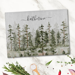 Personalized Name Rustic Green Pine Forest Pinery Cutting Board