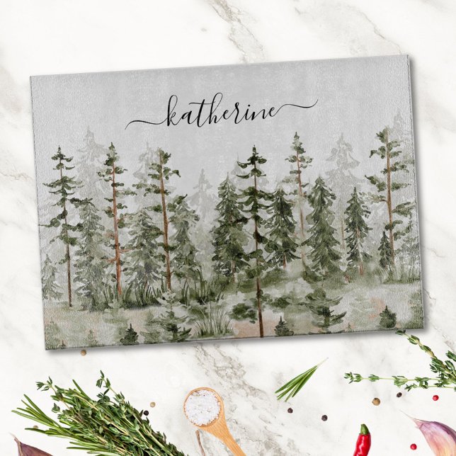 Personalized Name Rustic Green Pine Forest Pinery Cutting Board (In situ)