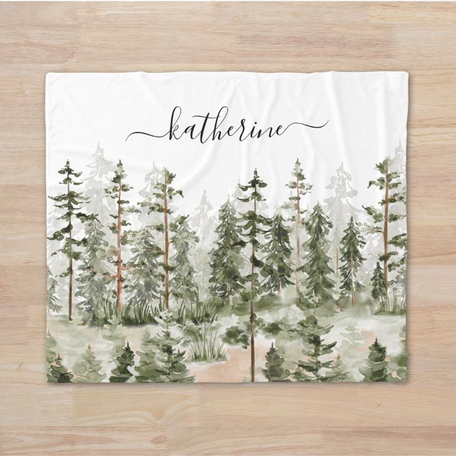 Personalized Name Rustic Green Pine Forest Pinery Fleece Blanket (In situ)