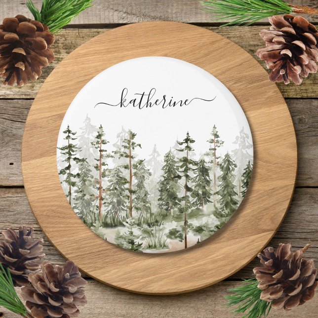Personalized Name Rustic Green Pine Forest Pinery Magnet (Close up)