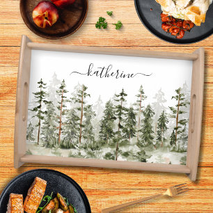Personalized Name Rustic Green Pine Forest Pinery Serving Tray