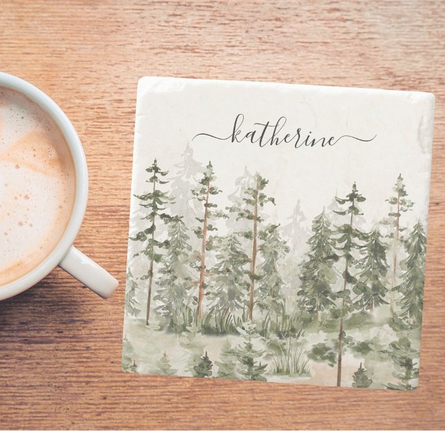 Personalized Name Rustic Green Pine Forest Pinery Stone Coaster (In situ)