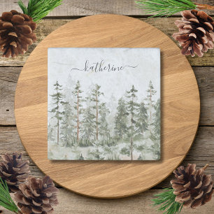 Personalized Name Rustic Green Pine Forest Pinery Stone Magnet