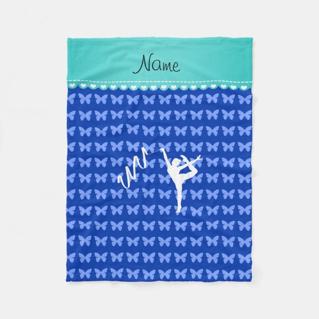 Personalized name rythmic gymnast blue butterflies fleece blanket (Front)