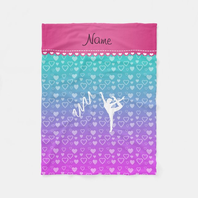 Personalized name rythmic gymnast blue pink hearts fleece blanket (Front)