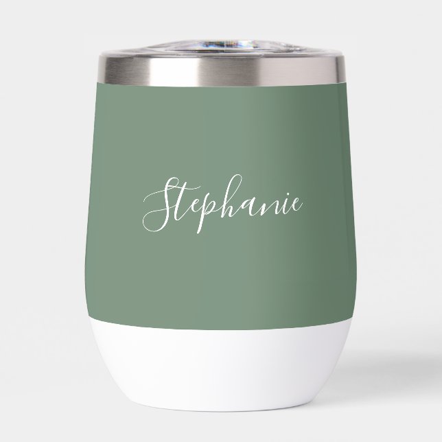 Personalized name Sage Green Script Monogram Thermal Wine Tumbler (Front)