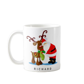 Personalized Name Santa and Reindeer Christmas Coffee Mug