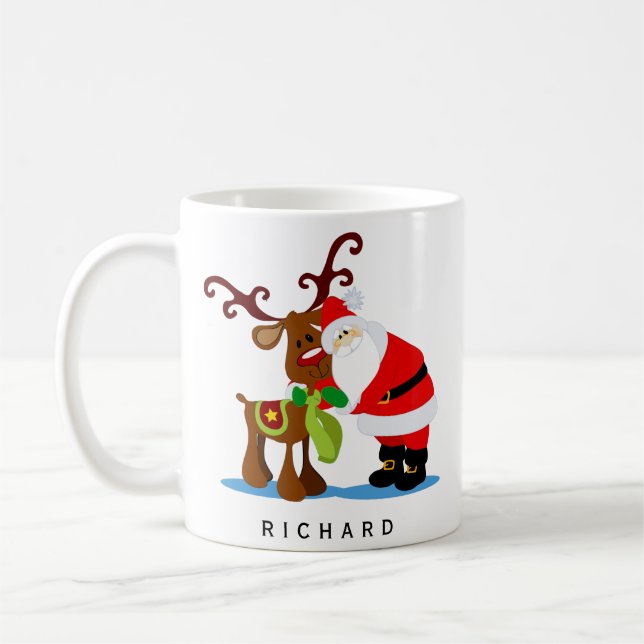 Personalized Name Santa and Reindeer Christmas Coffee Mug (Left)
