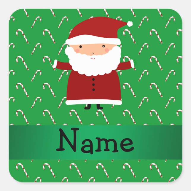 Personalized name santa green candy canes square sticker (Front)