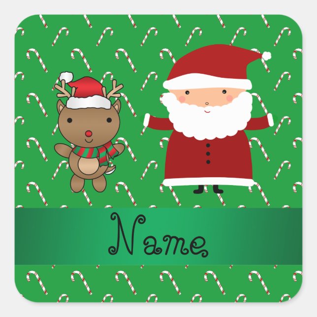 Personalized name santa green candy canes square sticker (Front)