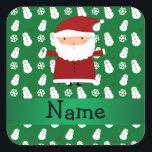 Personalized name santa green snowman square sticker<br><div class="desc">Cute christmas santa gift ideas. Create your own custom Personalized just add name, monogram, or initials or saying on your cute cartoon santa with red suit, white beard, green mittens and hat with pompom, with a green snowman, snowflakes, holly pattern background and green stripe. Cute santa gift ideas for kids...</div>