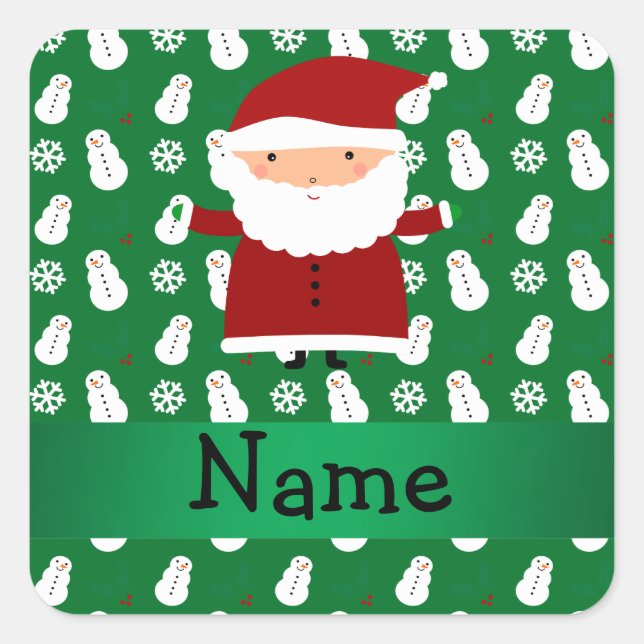 Personalized name santa green snowman square sticker (Front)