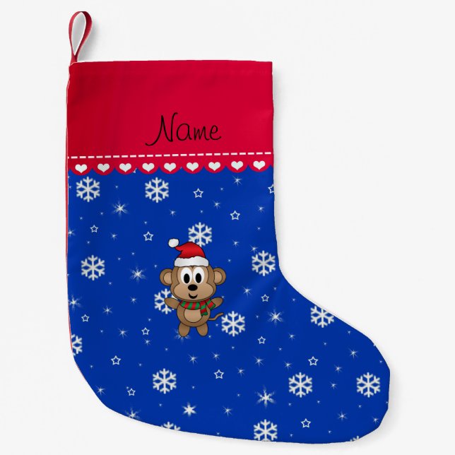 Personalized name santa monkey blue snowflakes small christmas stocking (Front)