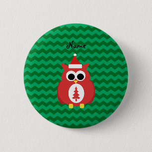 Personalized name santa owl green chevrons pinback button