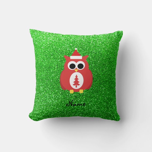 Personalized name santa owl green glitter throw pillow (Front)