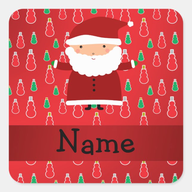 Personalized name santa red snowmen square sticker (Front)