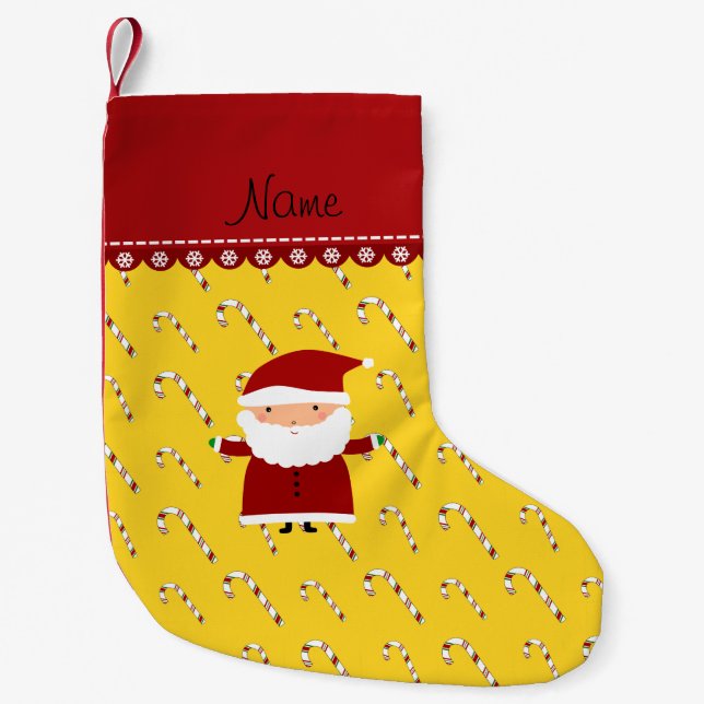 Personalized name santa yellow candy canes small christmas stocking (Front)