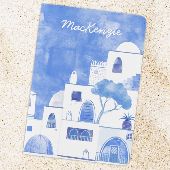 Personalized Name Santorini Greek Mediterranean Passport Holder (Santorini Greek island Mediterranean watercolor art personalized custom name passport holder cover)