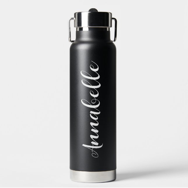 Personalized Name Script Black Wedding Bridesmaid Water Bottle (Front)