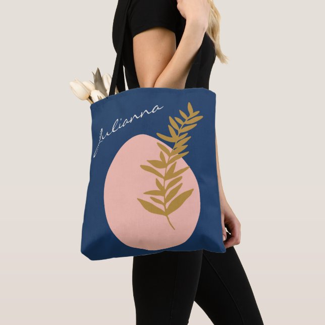 Personalized Name Script Blue Botanical Boho  Tote Bag (Close Up)