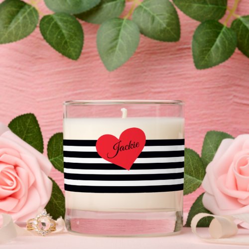 Personalized Name Script Heart B  W Striped Chic Scented Candle