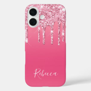 Personalized Name Script Pink Glitter Dripping iPhone 16 Case