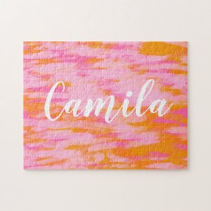 Personalized Name Script Pink Orange Watercolor  Jigsaw Puzzle