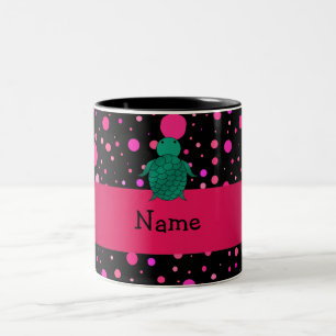 Personalized name sea turtle black pink polka dots Two-Tone coffee mug