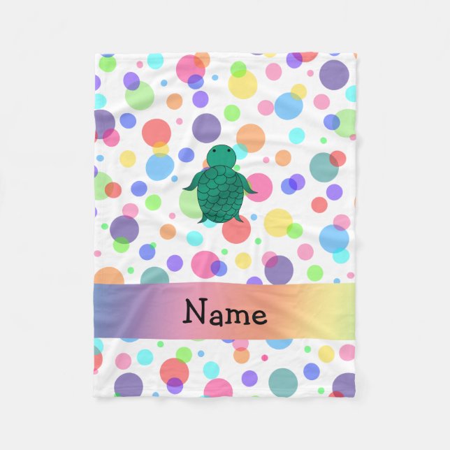Personalized name sea turtle rainbow polka dots fleece blanket (Front)