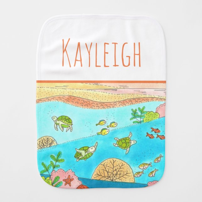 Personalized Name Sea Turtles Baby Burp Cloth (Front)