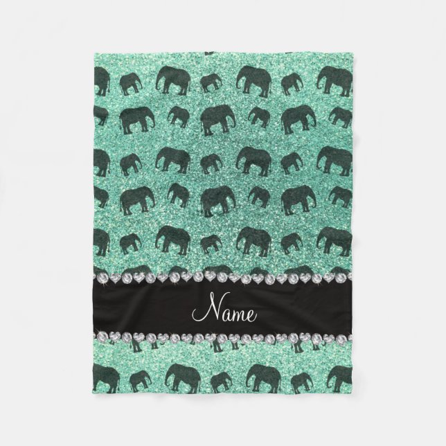 Personalized name seafoam green glitter elephants fleece blanket (Front)