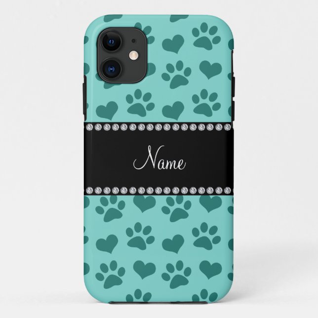 Personalized name seafoam green hearts and paws Case-Mate iPhone case (Back)