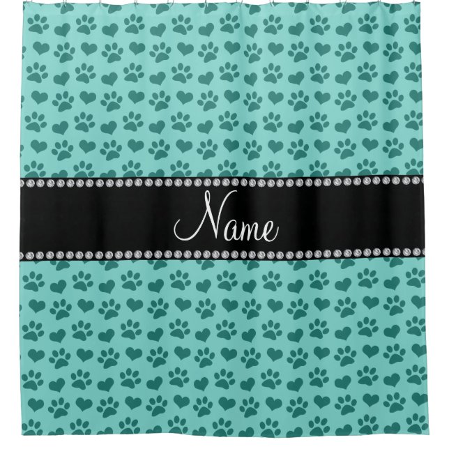 Personalized name seafoam green hearts and paws shower curtain (Front)