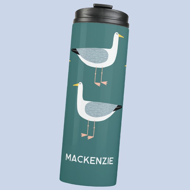 Personalized Name Seagull Nautical Thermal Tumbler (Fun seagull personalized custom name thermal tumbler)