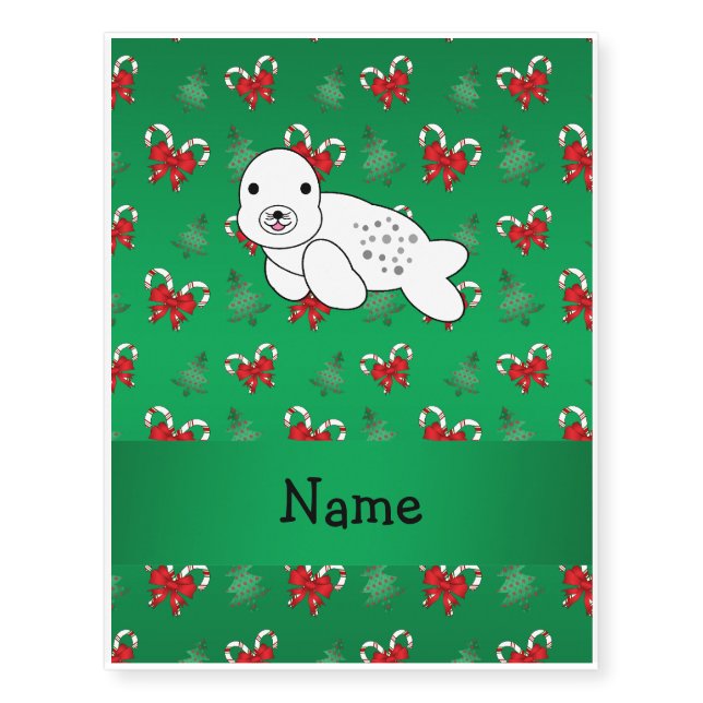 Personalized name seal green candy canes bows temporary tattoos (Front)
