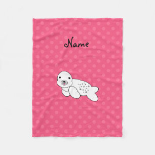 Personalized name seal pup pink polka dots fleece blanket