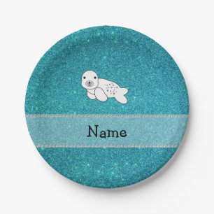 Personalized name seal turquoise glitter paper plates