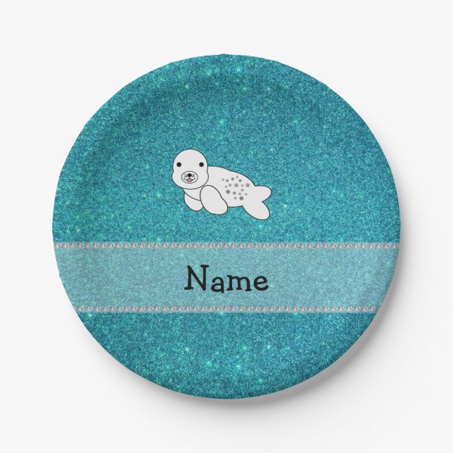 Personalized name seal turquoise glitter paper plates (Front)