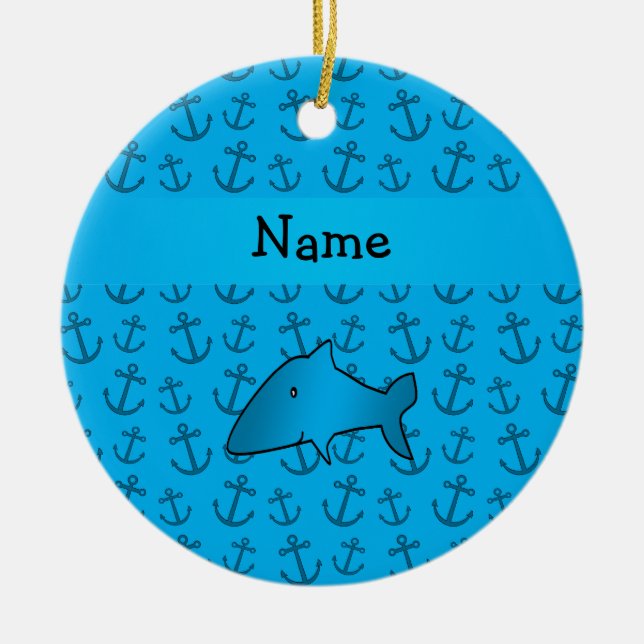 Personalized name shark blue anchors pattern ceramic ornament (Front)